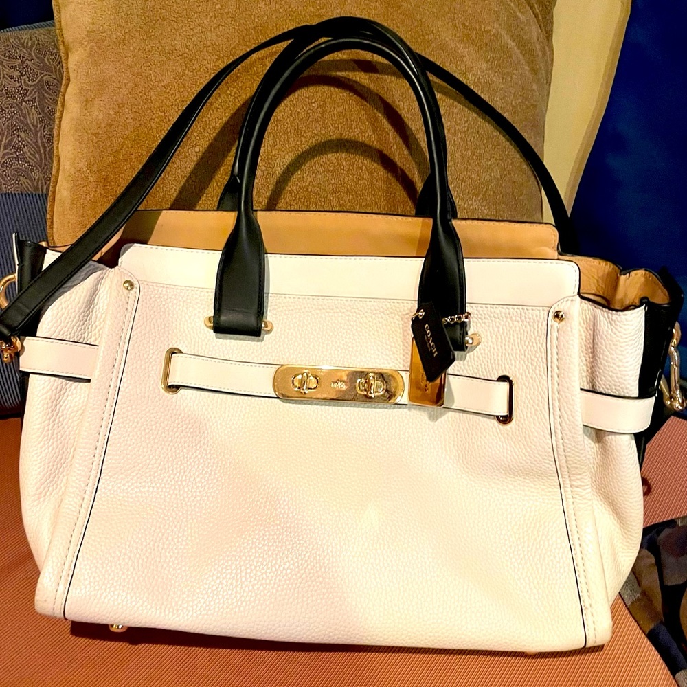 Large White Coach Tote, with black straps